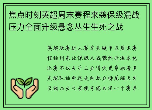 焦点时刻英超周末赛程来袭保级混战压力全面升级悬念丛生生死之战 焦点时刻英超周末赛程来袭保级混战压力全面升级悬念丛生生死之战